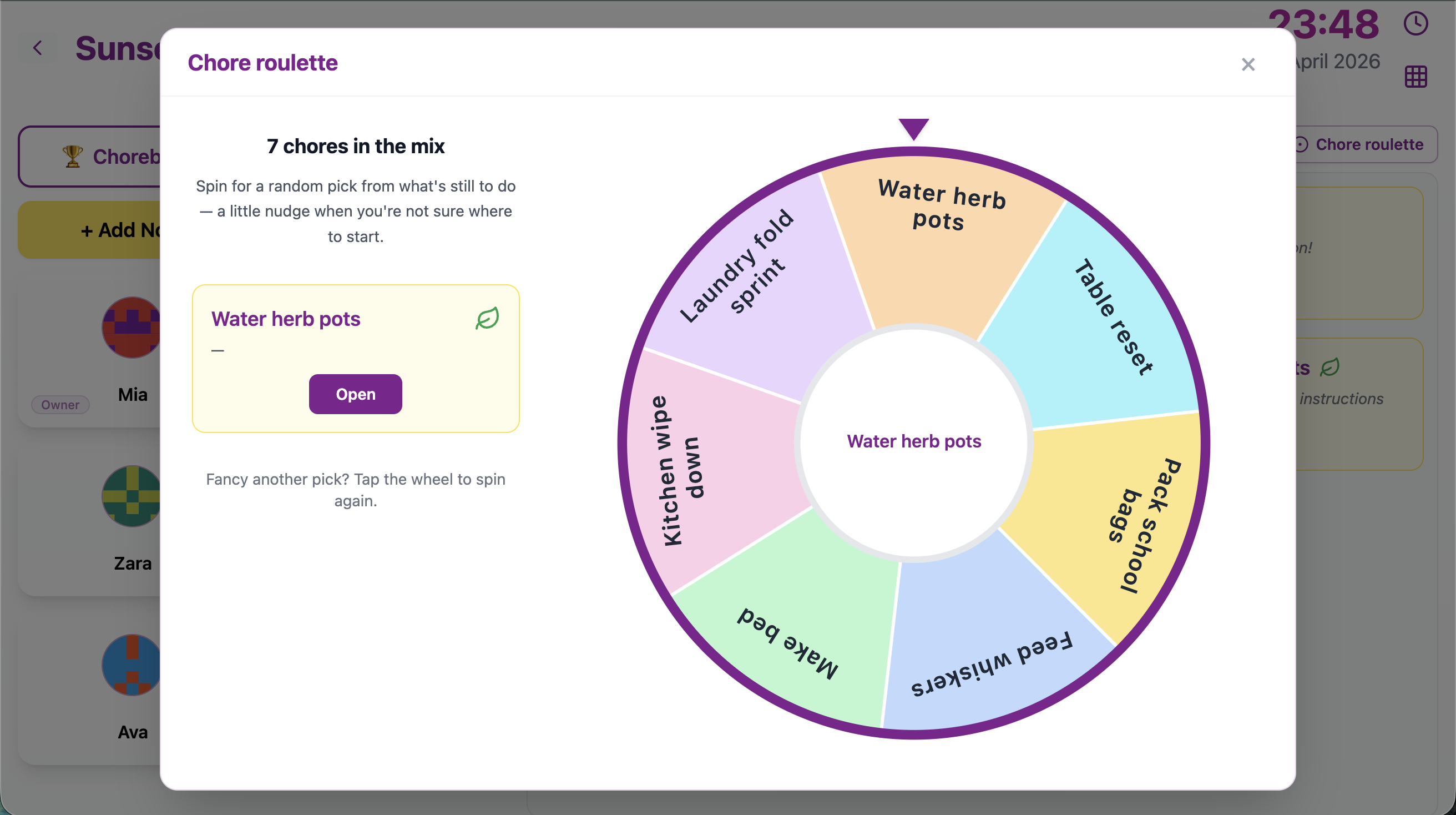 Chorish Chore roulette after a spin: yellow result card with Open, hub showing the winning chore