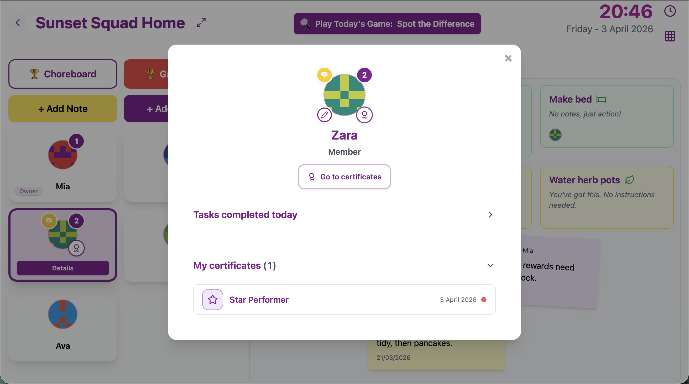 Member details dialog with My certificates list