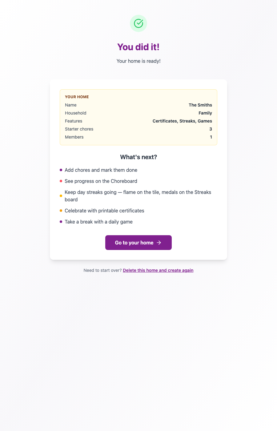 Create-home complete screen with a short recap