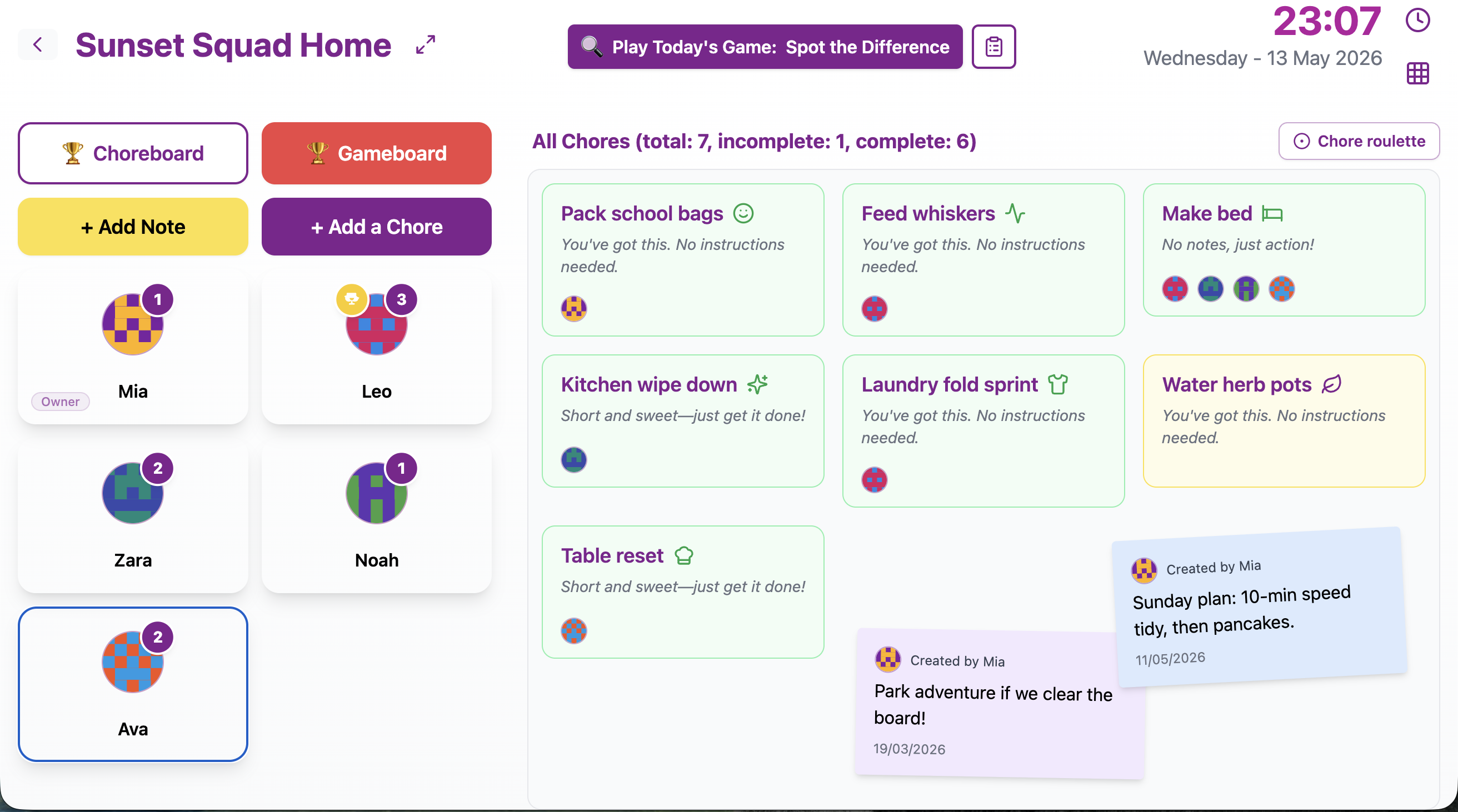 Chorish dashboard with the print chore chart button beside the daily game button
