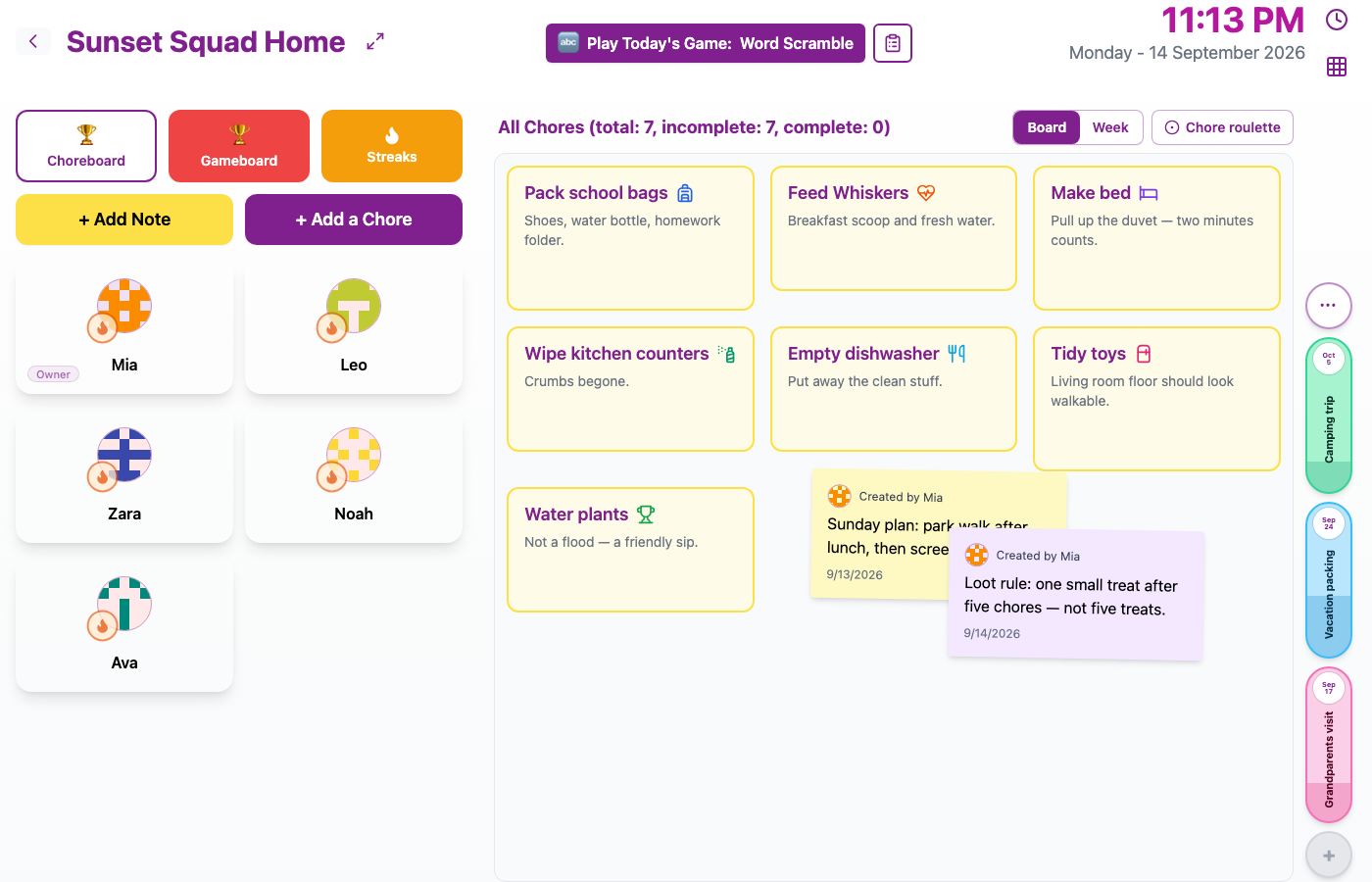Chorish Board with Lists on the right — Grandparents visit, Vacation packing, Camping trip