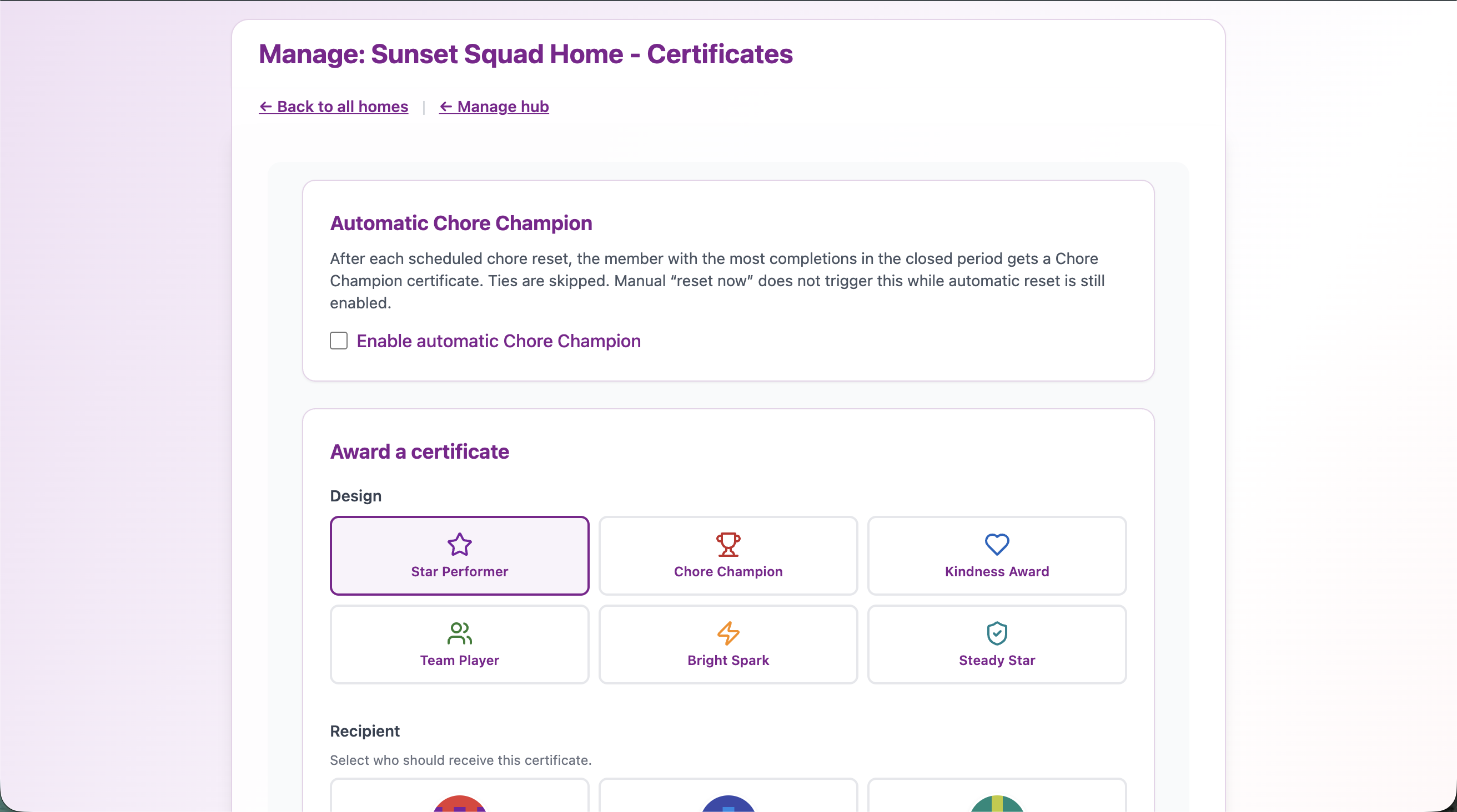 Chorish Manage home hub with Certificates among the management tiles