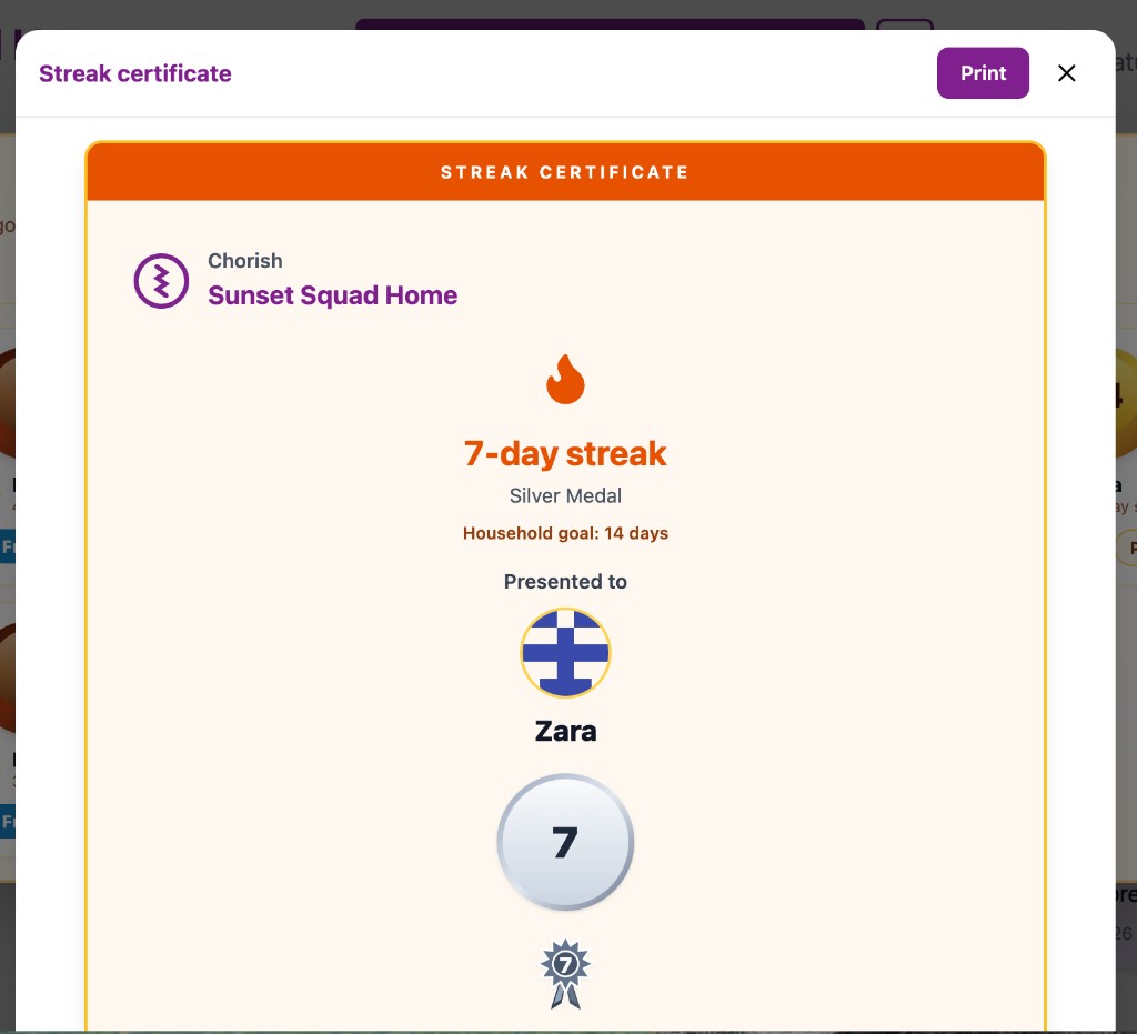 Chorish streak certificate preview for a 7-day streak with silver medal
