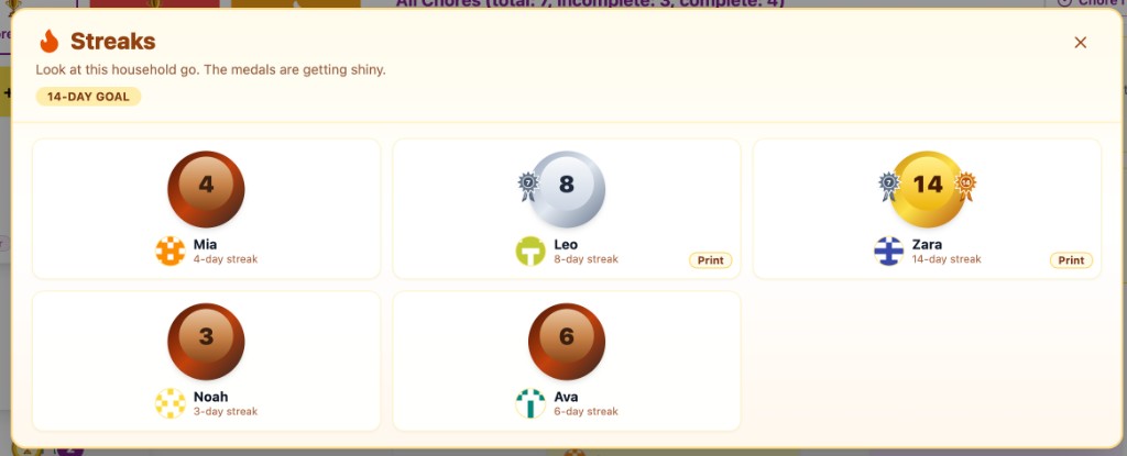 Chorish Streaks board with household day-streak medals and a 14-day house goal