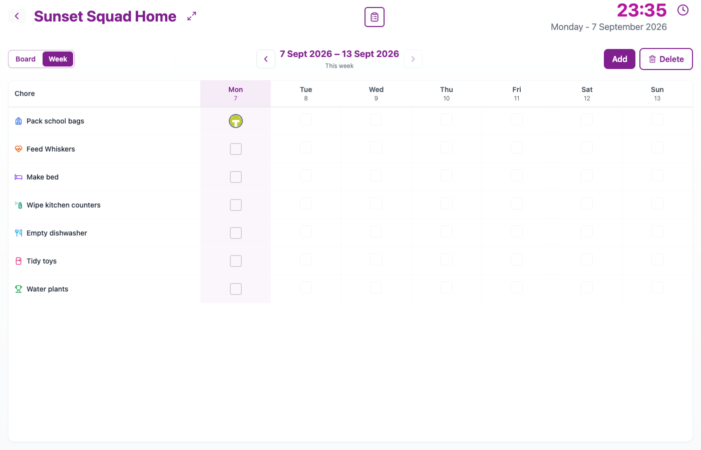 Chorish Week view — Mon to Sun chore checklist with member faces in day cells